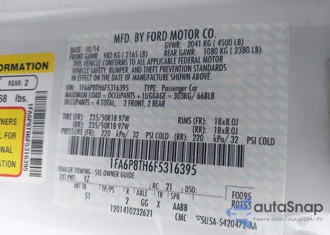 2015 Ford Mustang Ecoboost z USA, uszkodzony, nr VIN 1FA6P8TH6F5316395